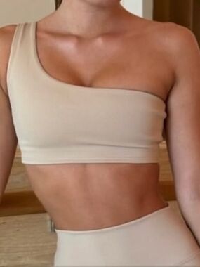 Monday Body Windsor Sports Bra One Shoulder Mushroom Nude S NWT